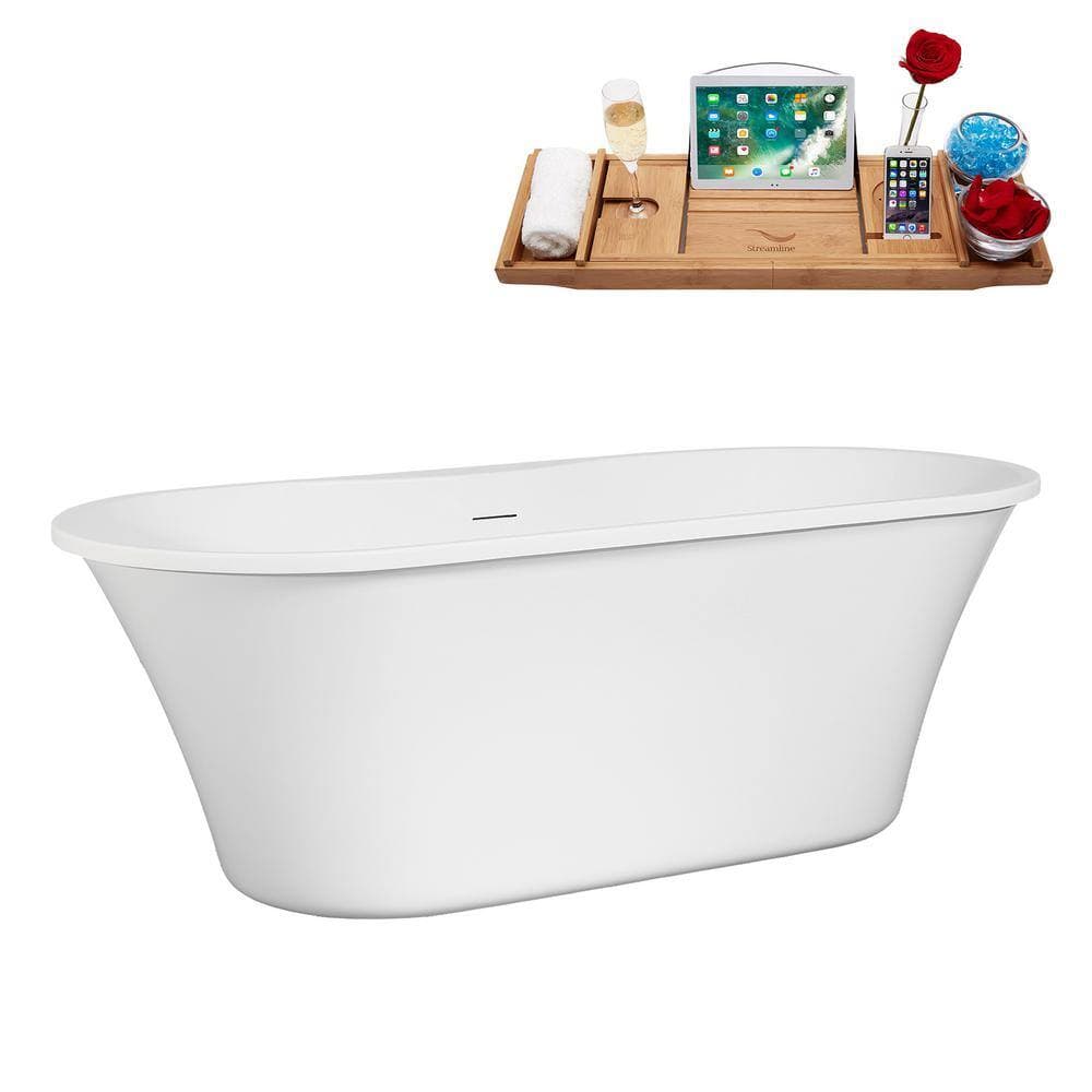 Streamline 66 in. x 29 in. Acrylic Freestanding Soaking Bathtub in Glossy White With Brushed Nickel Drain, Bamboo Tray (3)