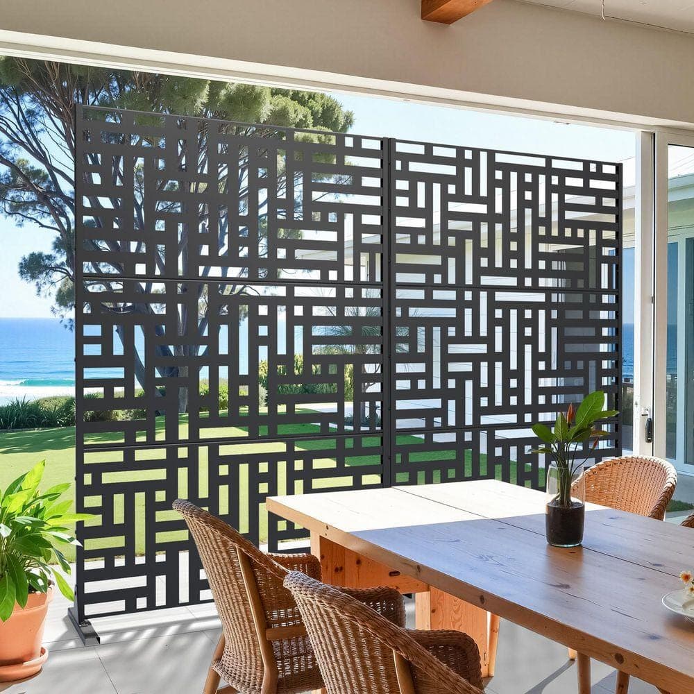 Lirago 72 in. x 47 in. Outdoor Metal Privacy Screen Garden Fence in Streets Pattern in Black Wall Decal (2)