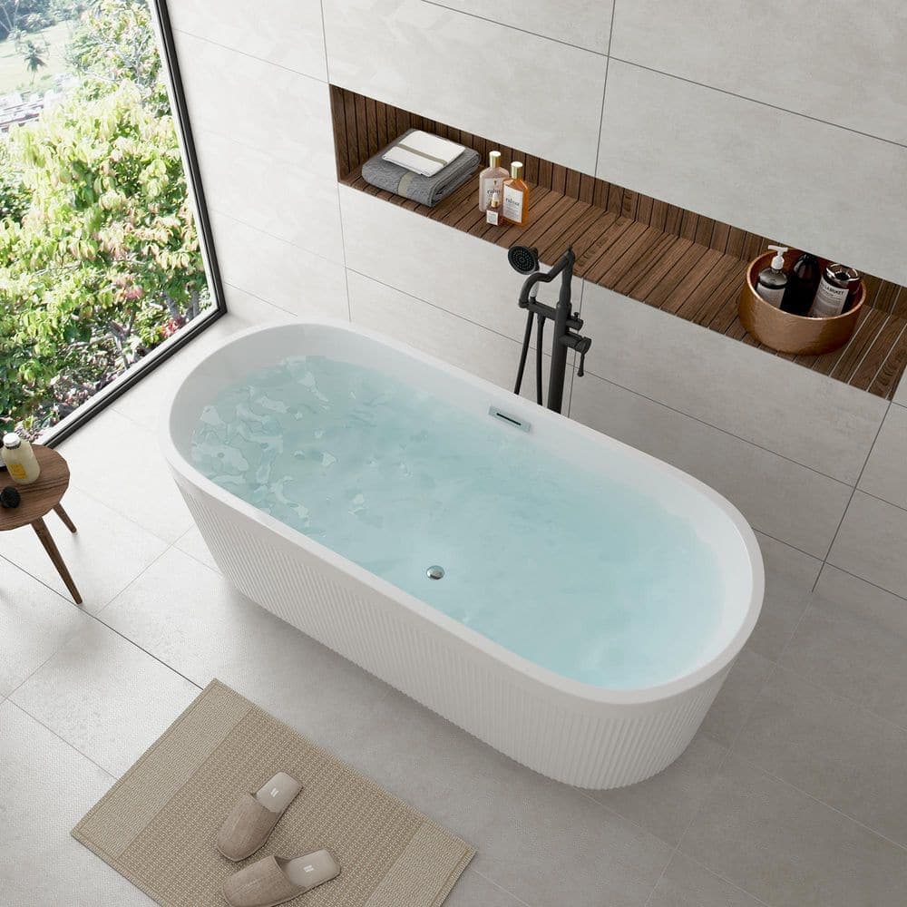 VanityFus 59 in. x 30 in. Oval Acylic Flatbottom Freestanding Soaking Bathtub with Center Drain in Gloss White (3)