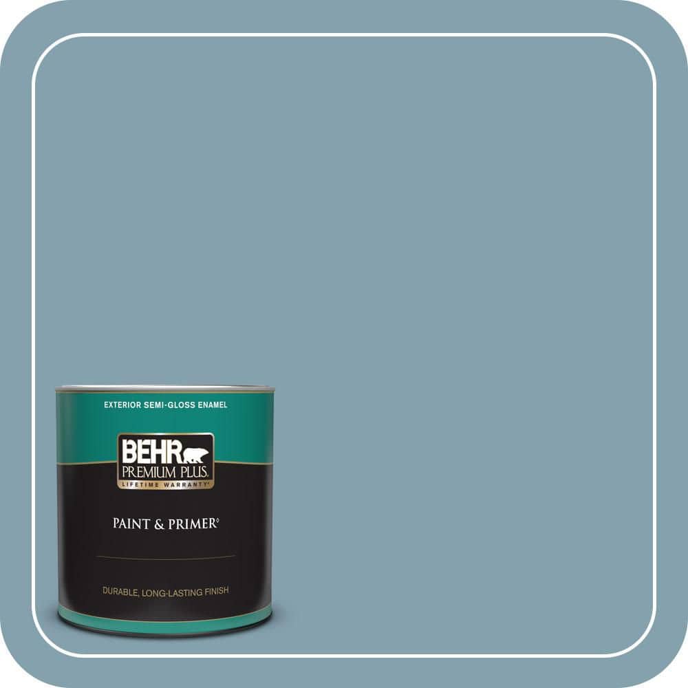 BEHR PREMIUM PLUS 1 qt. #T14-14 Cloisonne Blue Semi-Gloss Enamel Exterior Paint & Primer