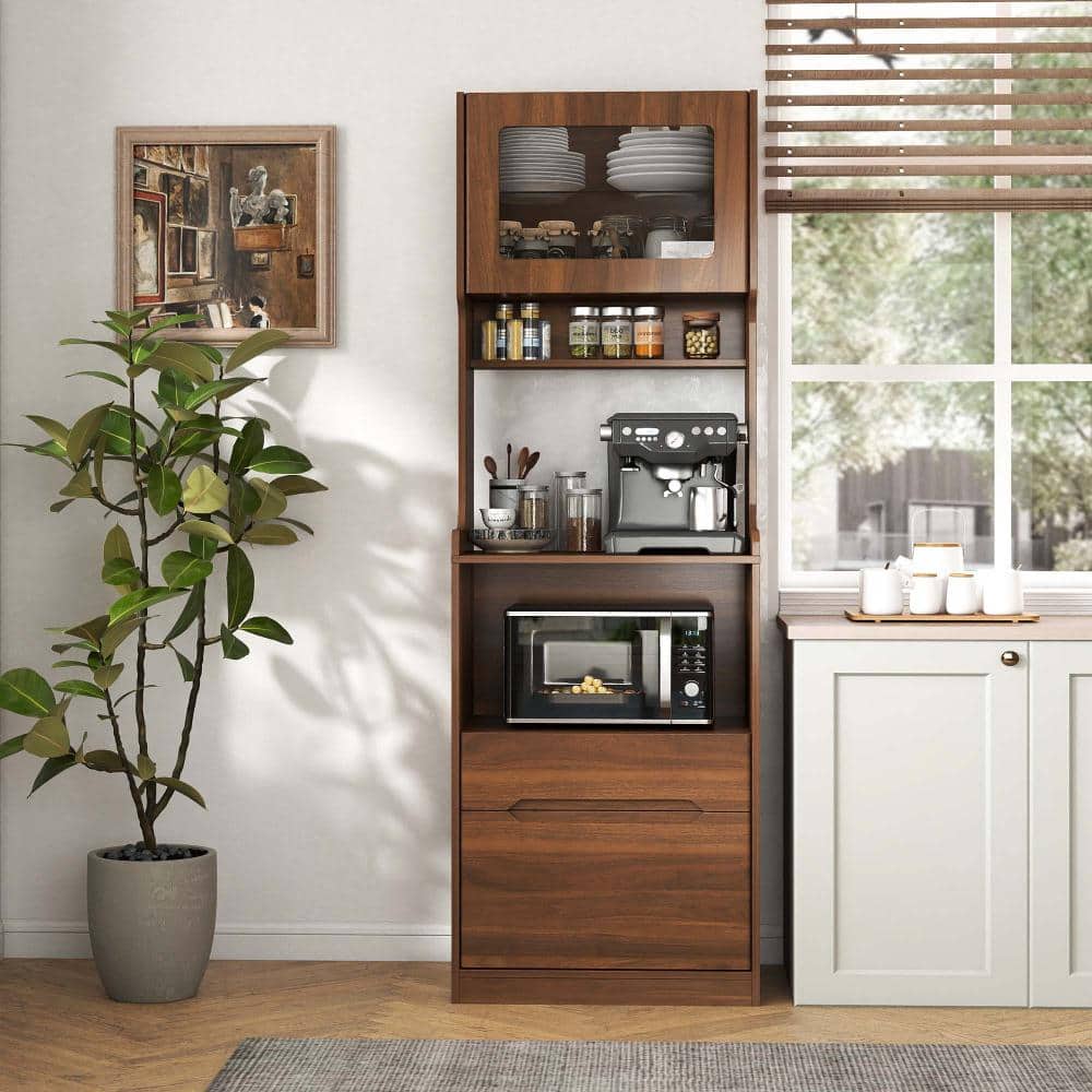 XUJMK 24 in W x 16 in D x 71 in H Linen Cabinet, Kitchen Pantry Hutch Storage Cabinet in Walnut with Microwave Stand Sideboard (3)