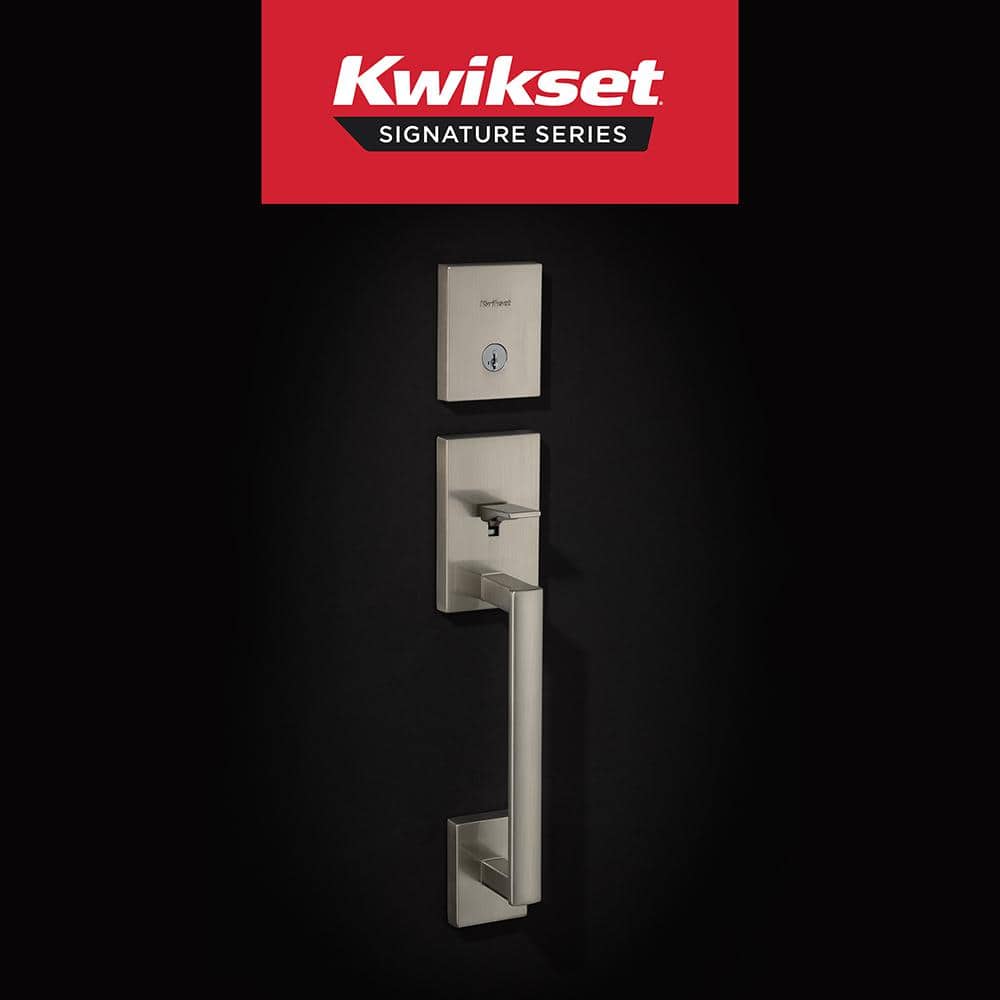 Kwikset San Clemente Low Profile Satin Nickel Single Cylinder Entry Door Handleset w/ Halifax Door Handle feat SmartKey Security (2)