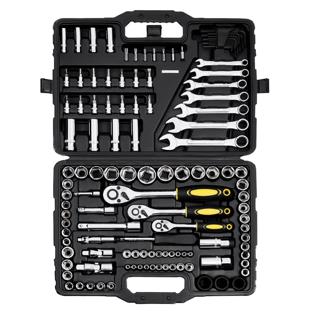 VEVOR 121-Piece Mechanics Tool Set, 1/4 in. 3/8 in. 1/2 in. Drive Sockets, SAE and Metric Mechanic Tool Kit with Bits (1)