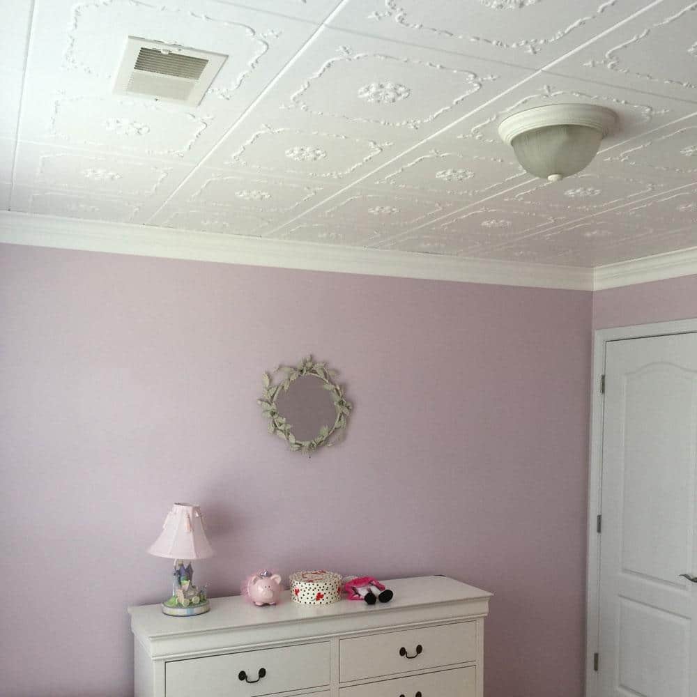 A La Maison Ceilings Bourbon Street 1.6 ft. x 1.6 ft. Glue Up Foam Ceiling Tile in Plain White (21.6 sq. ft./case) (3)