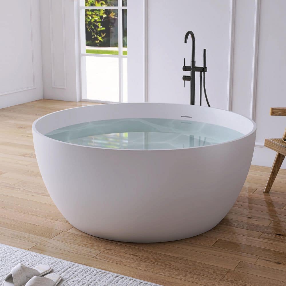 MEDUNJESS 51 in. x 51 in. Round Stone Resin Solid Surface Flatbottom Freestanding Soaking Bathtub in Matte White (1)