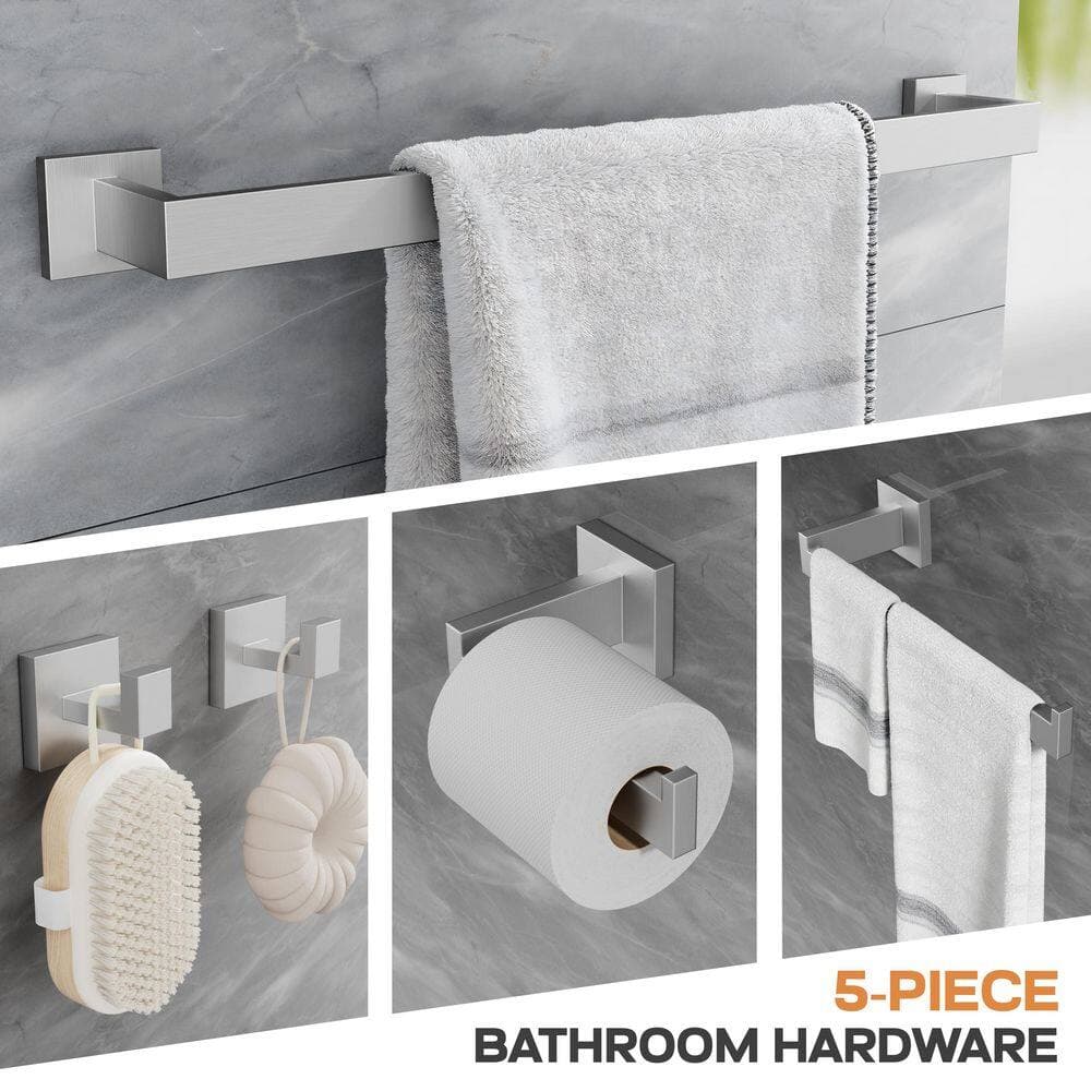 Peorsily 5-Piece Bath Hardware Set with Towel Bar Hand Towel Holder Toilet Paper Holder Towel Hook Modern in Brushed Nickel (2)