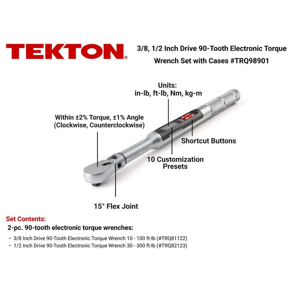TEKTON 3/8,1/2 In. Drive 90-Tooth Flex Head Electronic Torque Wrench Set, 2pc (10-100 ft-lb, 30-300 ft-lb) (2)