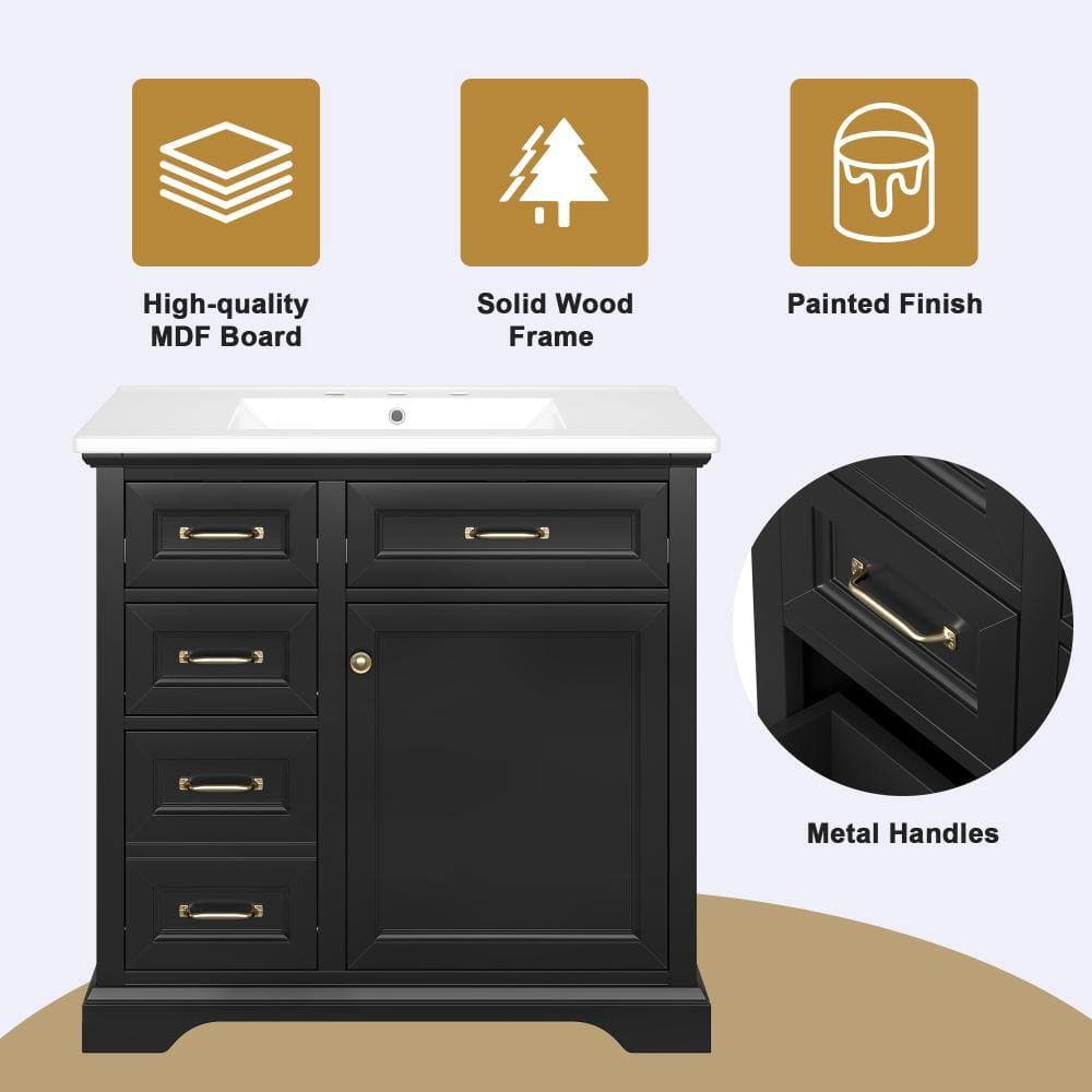 Flynama 36" Black Bath Vanity,Ceramic Sink,4 Drawers+Soft Close Door,8" Faucet Pre-drill (3)