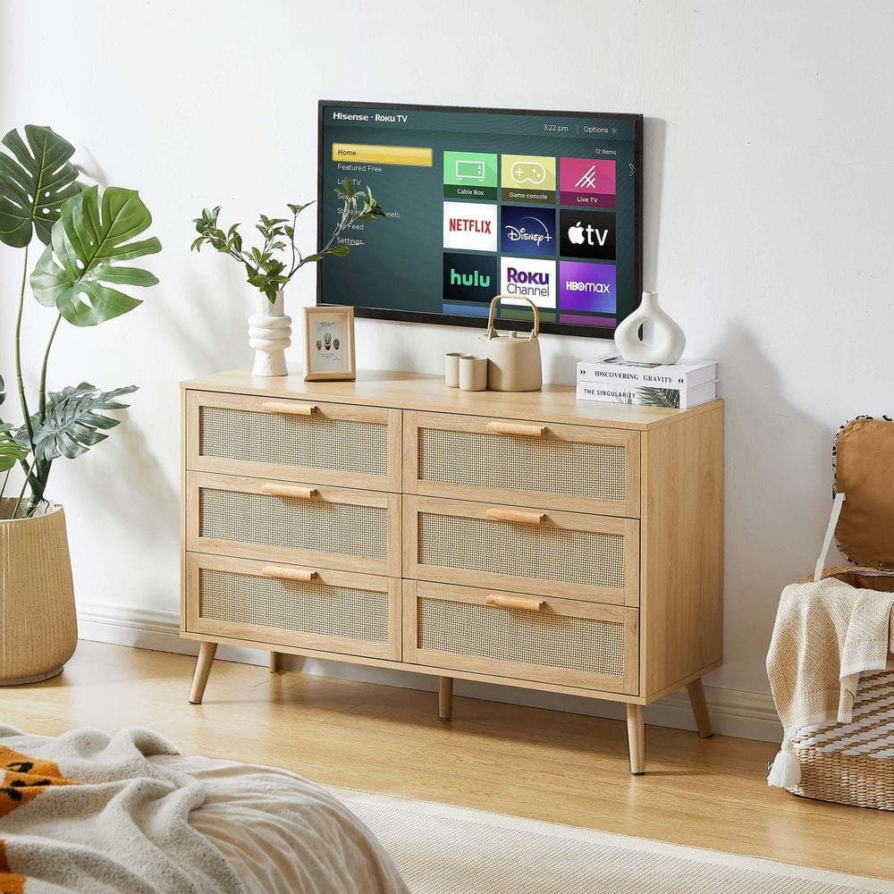 Unbranded 47.2 in. W x 15.8 in. D x 30 in. H Brown Wood Linen Cabinet with 6 Rattan Decorative Drawers for Living Room (2)