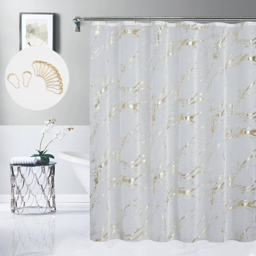 Dainty Home Chloe Linen Textured Metallic Fabric Shower Curtain with 12 Matching Hooks 70” x 72”