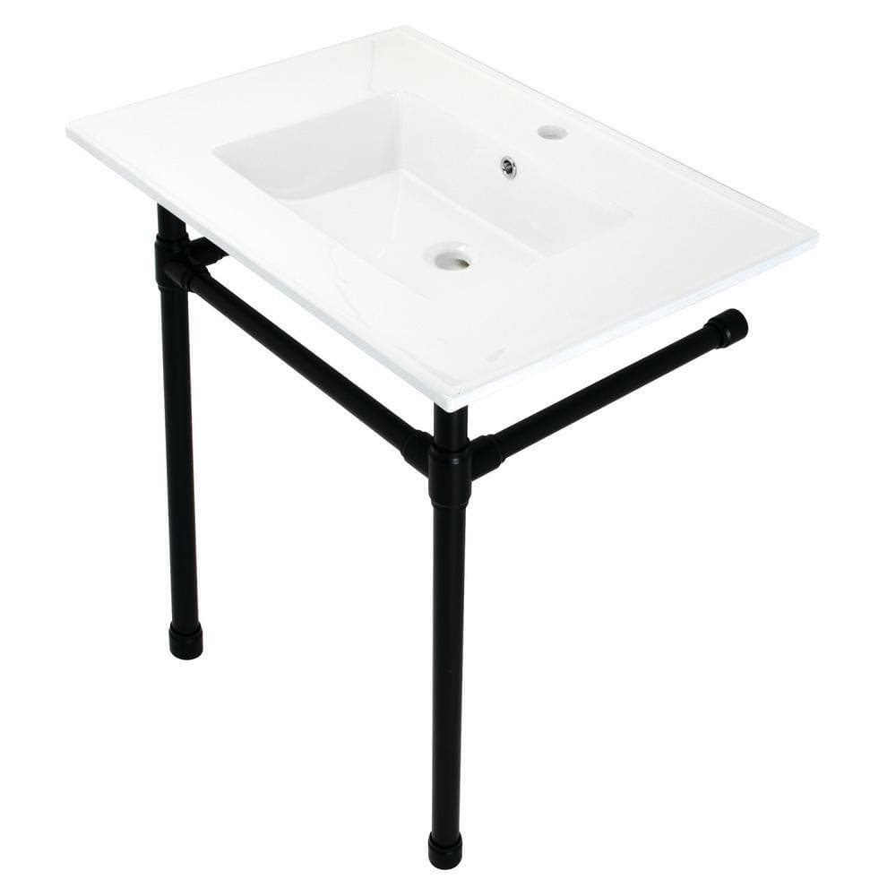 Kingston Brass Dreyfuss Ceramic White Console Sink Basin and Leg Combo in Matte Black