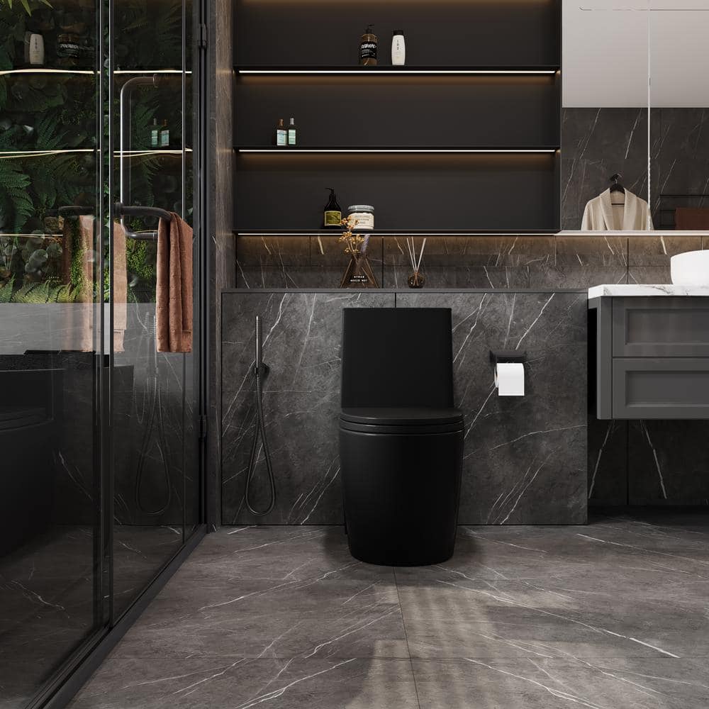 Adrinfly 12 in. 1-Piece 1.1/1.6 GPF Dual-Flush Water-Saving Elongated Toilet in Matte Black, 1000 MaP Rating and Seat Included (2)