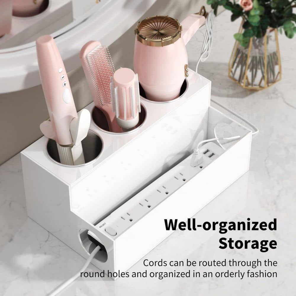 Numhew Countertop Hair Tool Organizer in White Acrylic,Hair Dryer Organizer for Bathroom Vanity and Makeup Toiletries Storage (3)