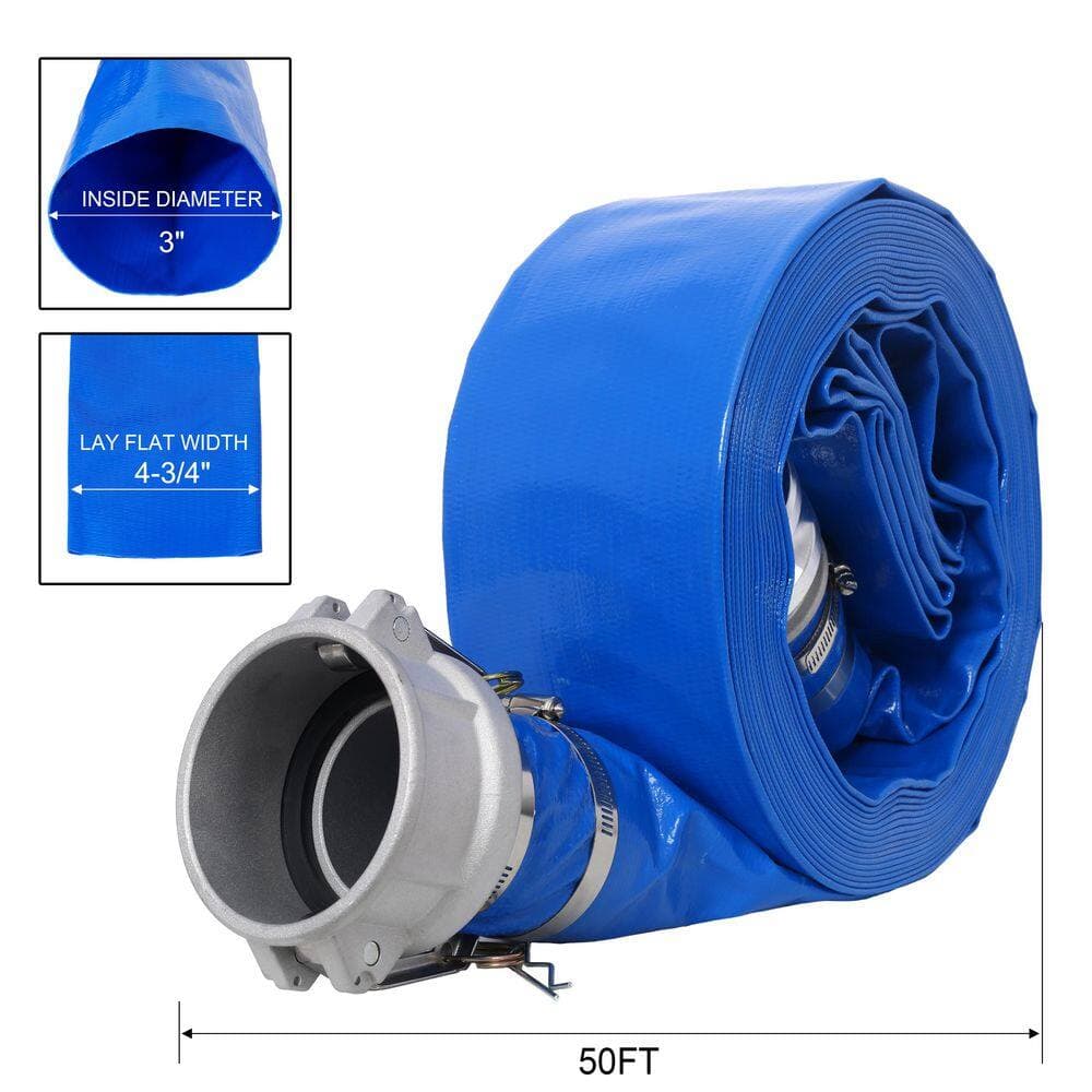 cadeninc Backwash Hose 3 in. x 50 ft. Heavy Duty Blue PVC Lay Flat Water Discharge Pump Hoses w/Aluminum Camlock C and E Fittings (2)
