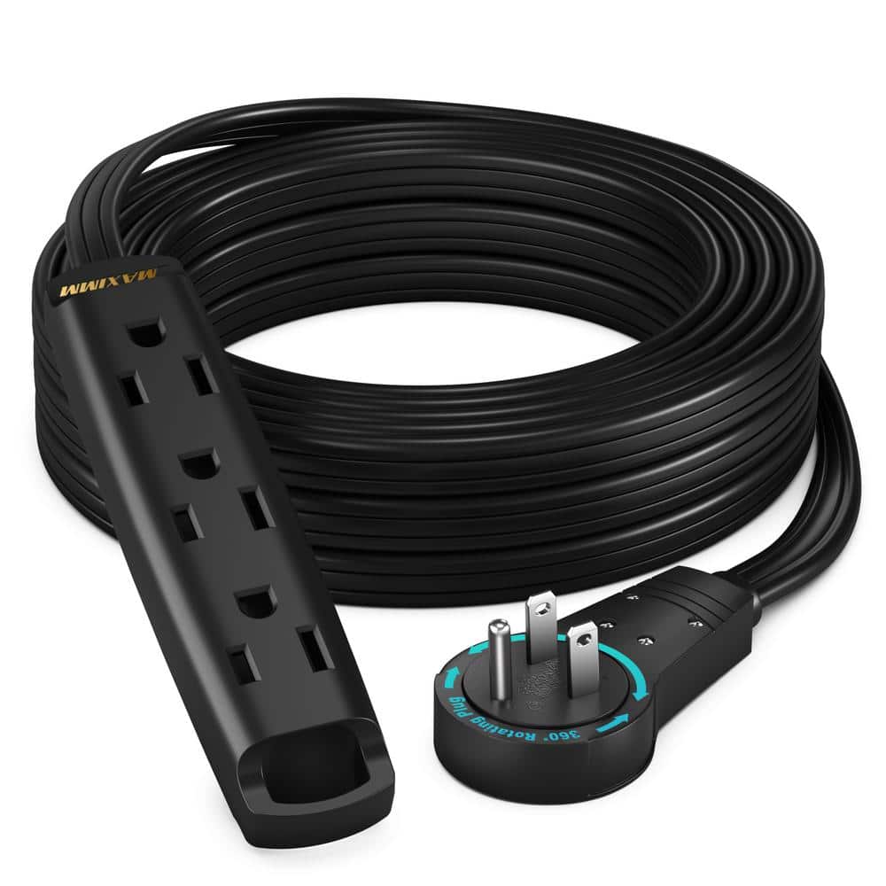 MAXIMM 15 ft. 16/3 Light Duty Indoor Extension Cord 360° Rotating Flat Plug 1-Sided with Loop, Black (1)