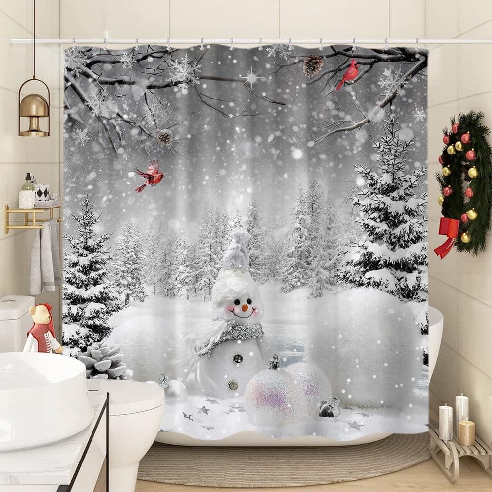 Numhew 72 in. W x 72 in. L Polyester Shower Curtain in Gray​, Christmas Snowman Shower Curtain for Bathroom Decor with Hooks (3)