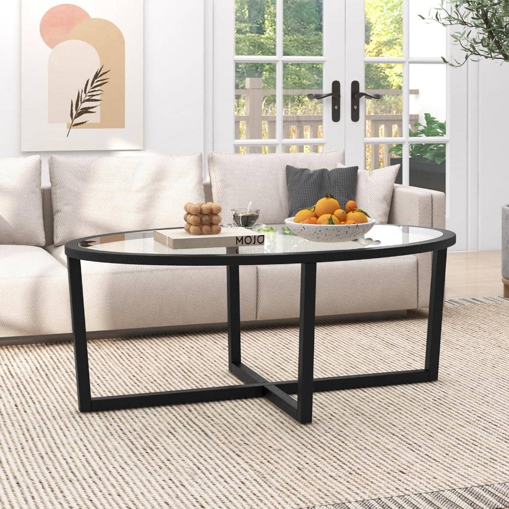 Volenca Oval Glass Coffee Table, Cross Base with Wood Legs, Modern Living Room Center Table (2)