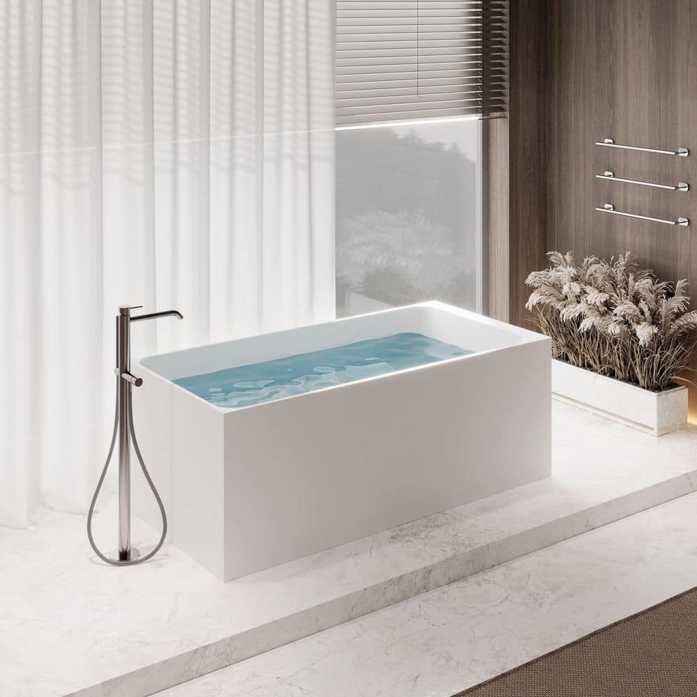 Streamline 59 in. x 28 in. NS5880CH Stone Resin Freestanding Soaking Bathtub in Matte White with Polished Chrome Drain, Bamboo Tray (2)
