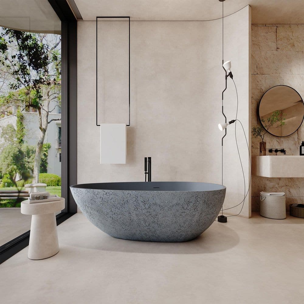 CASAINC 67 in. x 33.4 in. Freestanding Stone Resin Solid Surface Soaking Bathtub in Cement Grey and Outer Dot (1)