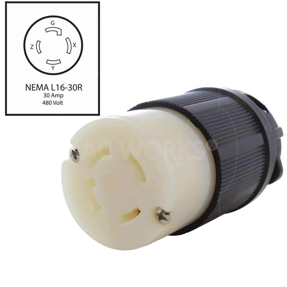AC WORKS NEMA L16-30R 3-Phase 30A 480V 4-Prong Locking Female Connector in Black with UL, C-UL Approval (2)