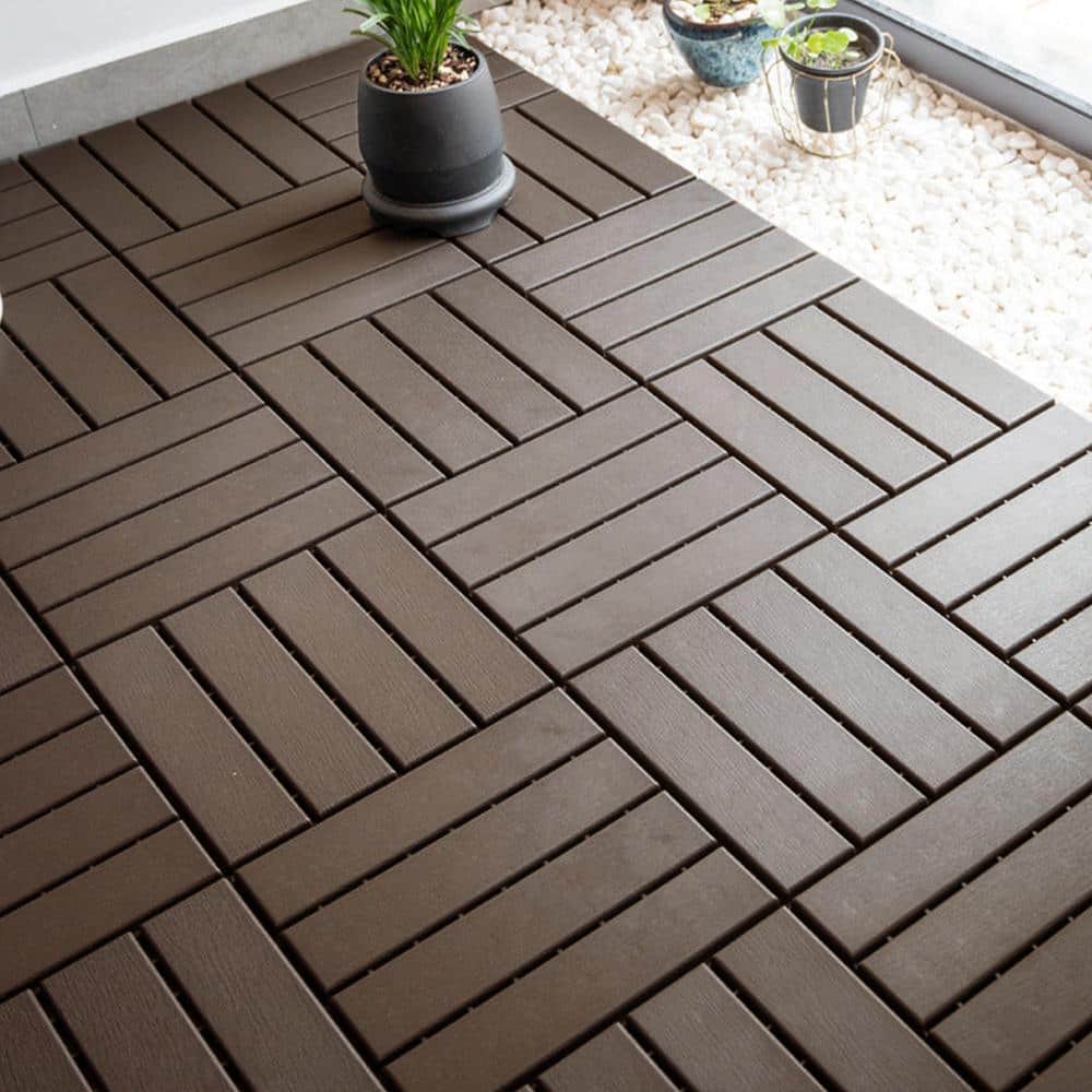 GOGEXX 12 in. W x 12 in. L Outdoor Patio Square Plastic PVC Interlocking Composite Flooring Deck Tiles Pack of 44 Tiles Brown (3)