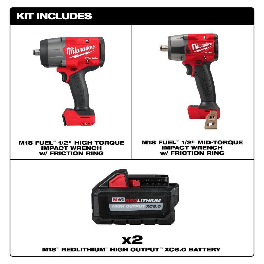Milwaukee M18 FUEL 18V Lith-Ion Brushless Cordless 1/2 in. Impact Wrench w/ 1/2 in. Mid Torque Impact Wrench & (2) 6.0 Ah Battery (2)
