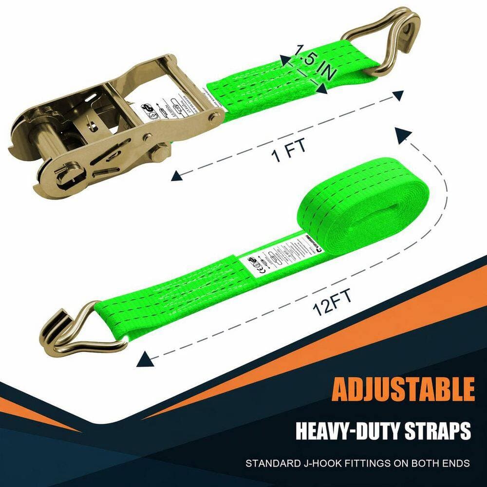 LAIFUCAM 12ft x 1.5in Ratchet Tie Down Strap Double J Hook Heavy Duty 8 Pack Green 2200lbs Working Load for Truck Cargo (2)