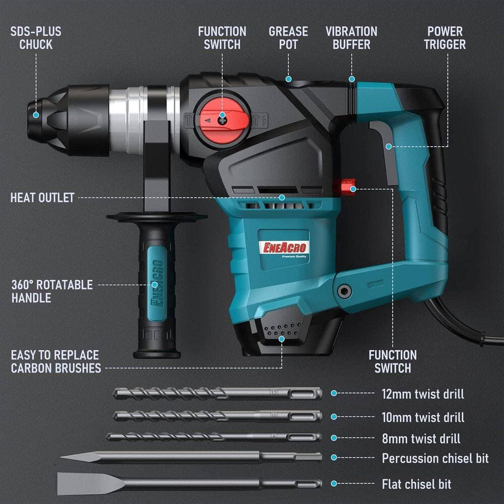 Afoxsos 1-1/4 Inch SDS-Plus Heavy Duty Rotary Hammer Drill 12.5 Amp Safety Clutch 3 Functions Vibration Cable Railing Sytem (3)