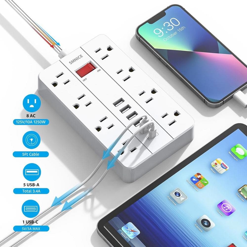Lukyamzn 5 ft. Power Strip Surge Protector with Flat Plug, 8-Outlets and 6-USB Ports (1-USB-C), Wall Mountable in White (3)