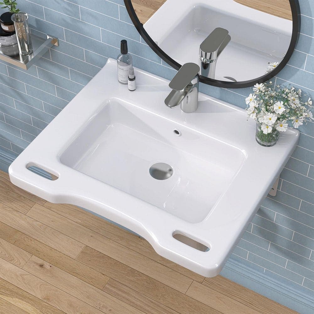 Getpro 24 in Ceramic ADA Wall-Mounted Rectangular Bathroom Sink with Single Faucet Hole in White Floating ADA Vessel Sink (1)