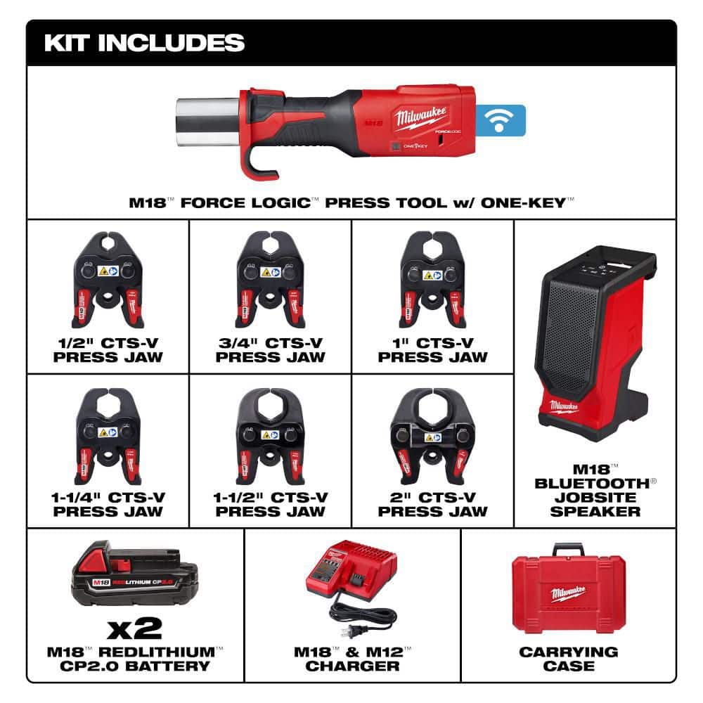 Milwaukee M18 18-Volt Lithium-Ion Brushless FORCE LOGIC Copper Press Tool Kit with Jaws Kit and M18 Jobsite Speaker (3)