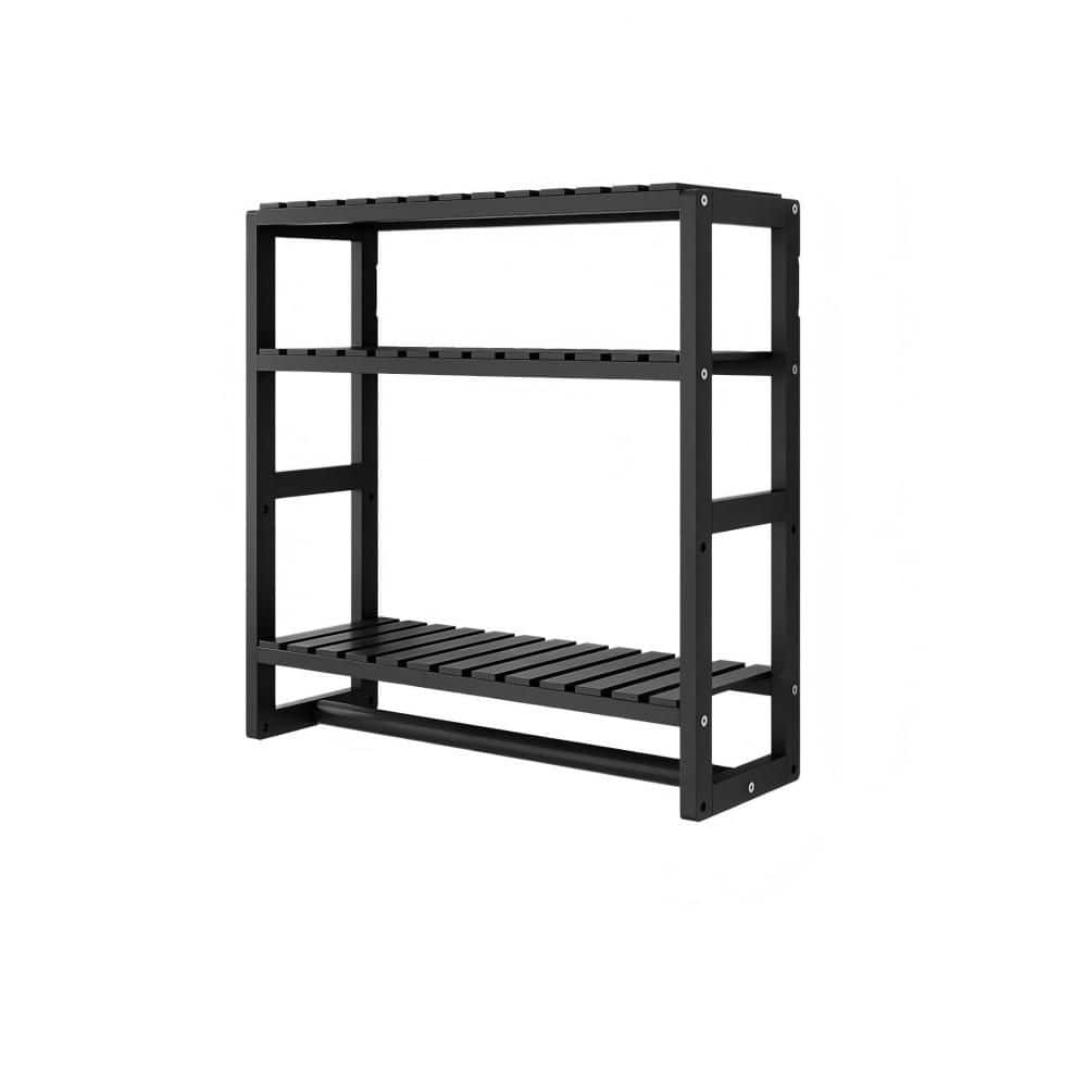 Wudkey Square Adjustable Bamboo Shelf - 16.6 in. W x 16.8 in. H x 5.9 in. D Towel Rack Paper Cabinet with Hanging Rod in Black