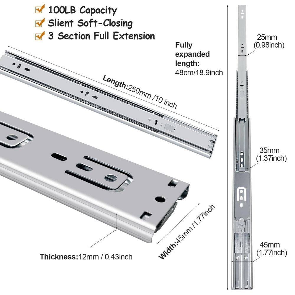 LAIFUCAM 3 Fold 10 in. Zinc Plated Cold-Rolled Steel Side Mount Soft-Close Heavy Duty Ball Bearing Undermount Drawer Slide 6-Pair (3)