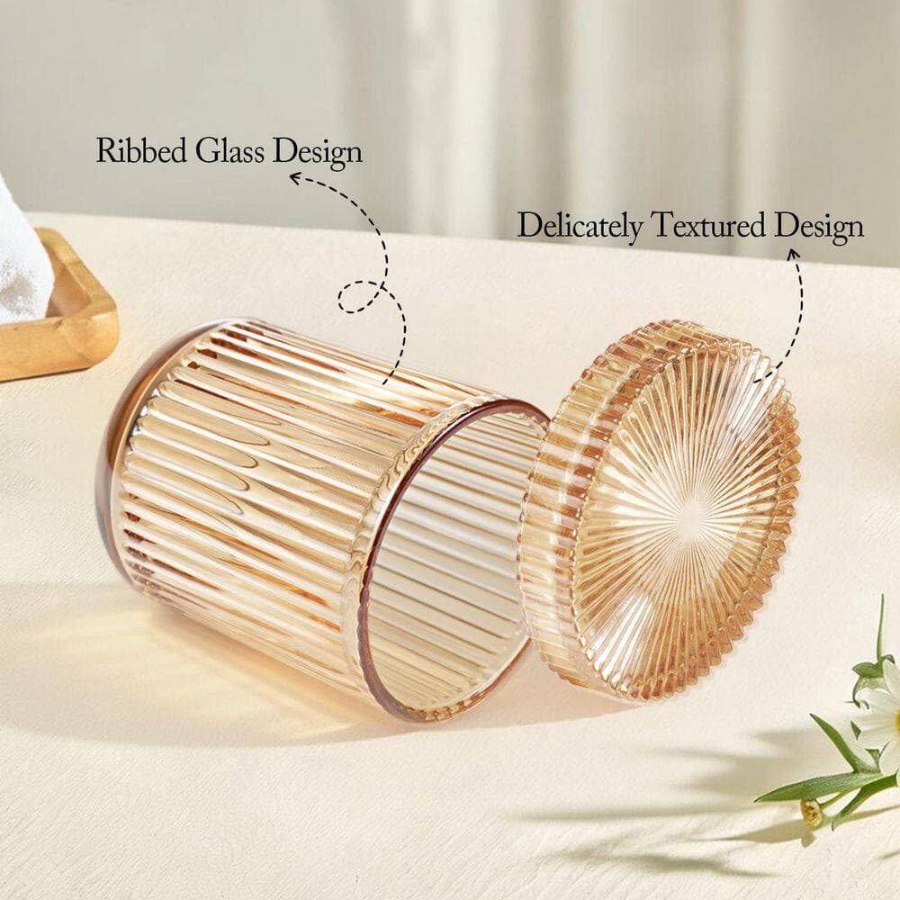 KHKFY Amber Glass Bathroom Cotton Swab Holder (Set of 2) with Vintage Sunburst Design and Flat Lids Qtip Decor (3)