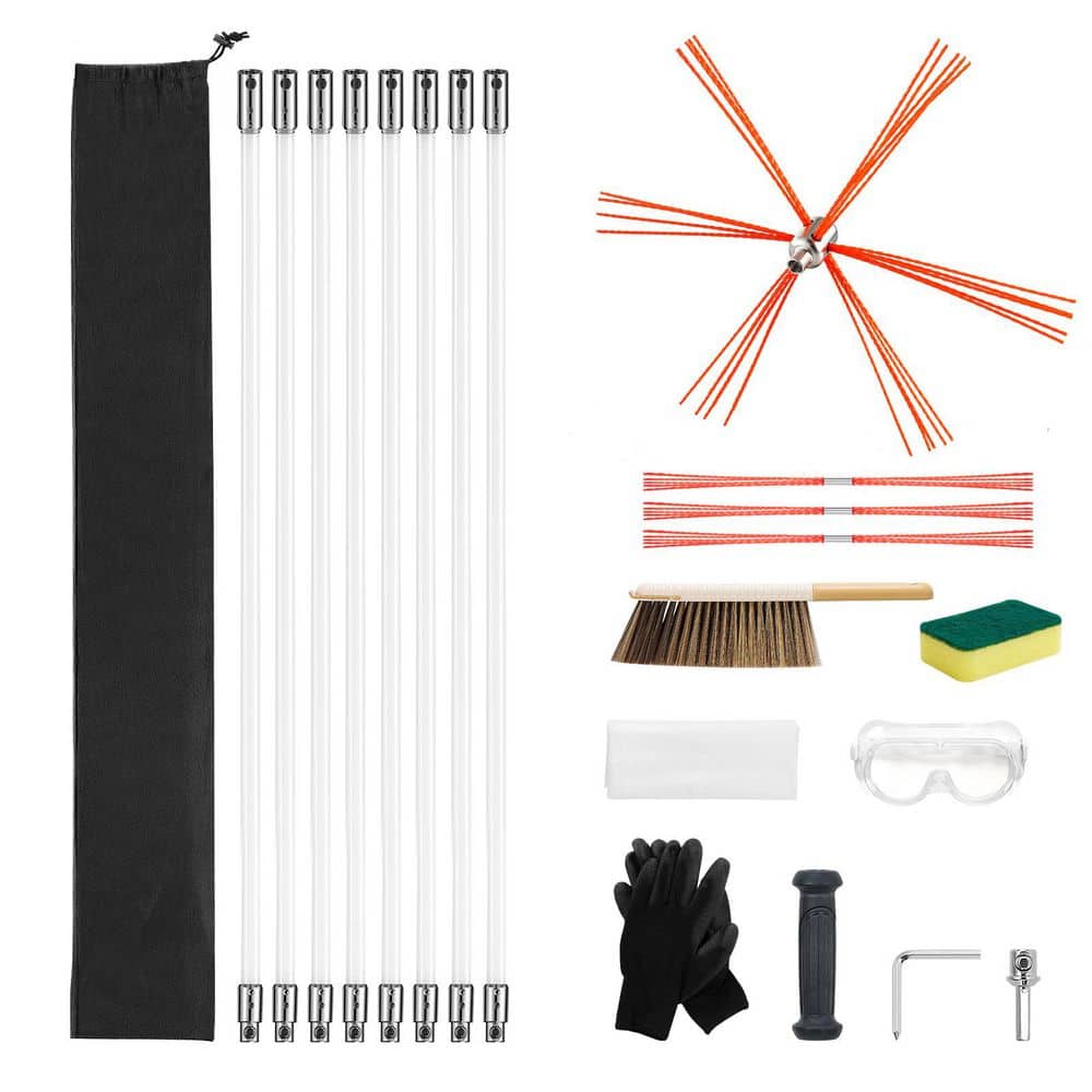 SKYSHALO Chimney Sweep Kit, 14-Piece 90° Cleaning Tool, 26 ft. Maximum Length, Cleaning Kit with Bristle Replacements & Goggles (1)