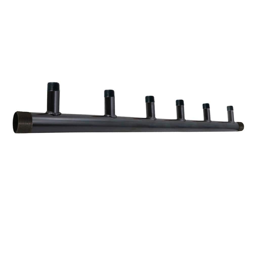 PLUMBFLEX Black Steel Manifold for Boiler Room Heating System, 2 in. Main Pipe with 6-Branches of 1-1/4 in. 7 in. Spacing (1)