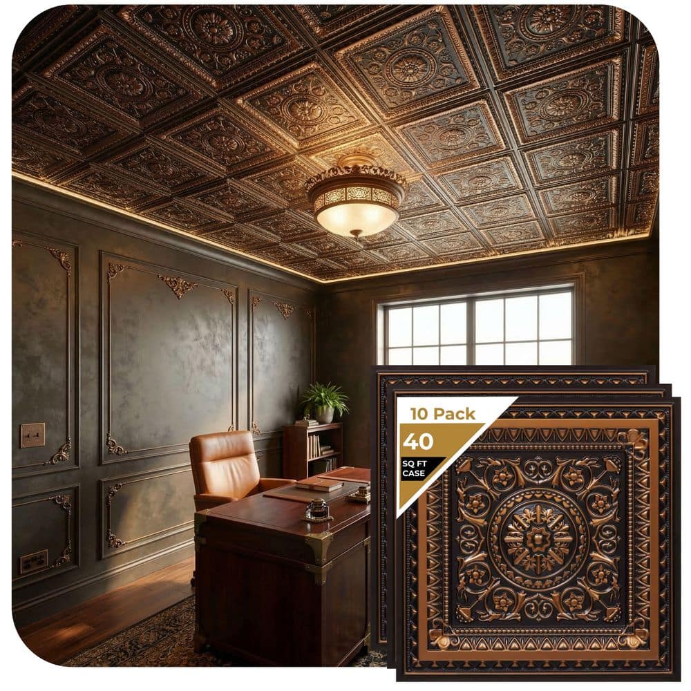 FROM PLAIN TO BEAUTIFUL IN HOURS La Scala Antique Copper 2 ft. x 2 ft. PVC Glue-up or Lay-in Faux Tin Ceiling Tile (40 sq. ft./case)