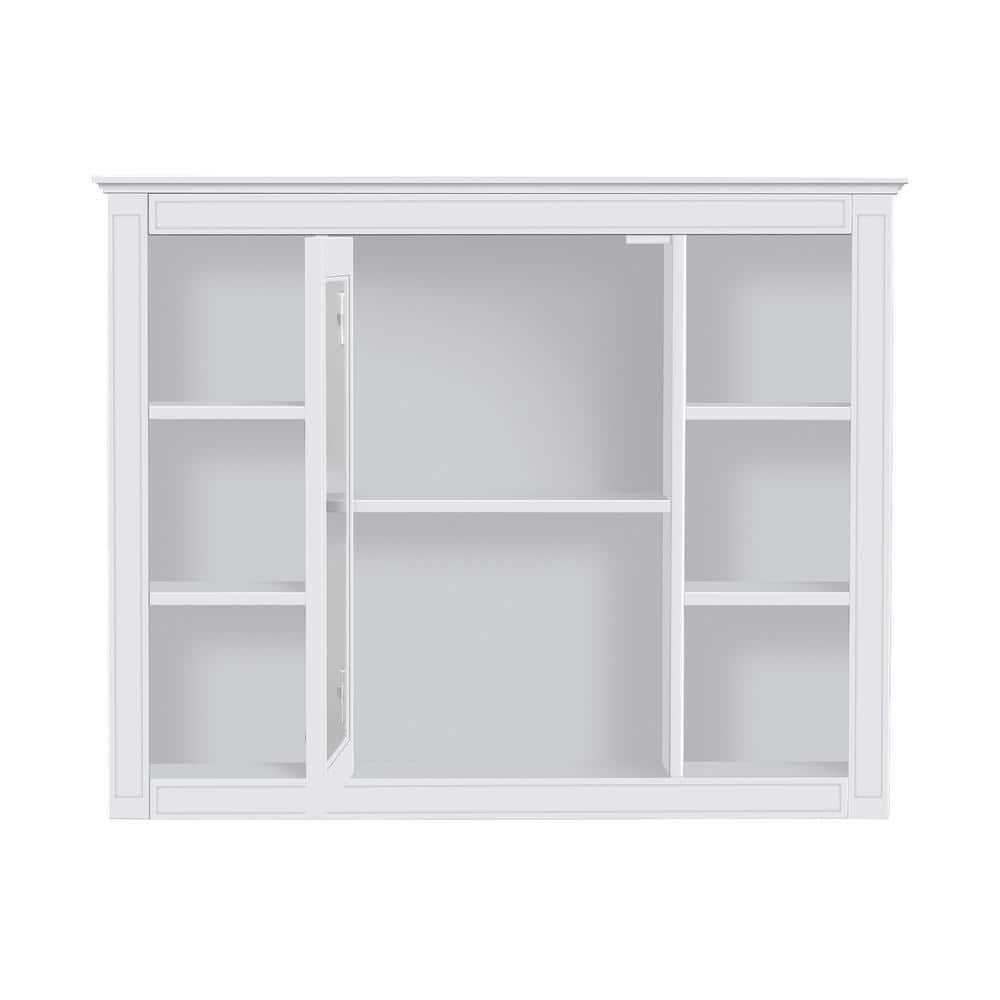 cadeninc 35 in. W x 7.32 in. D x 27.5 in. H Wall Mounted Bathroom Storage Cabinet in White with Mirror and 6 Open Shelves (1)