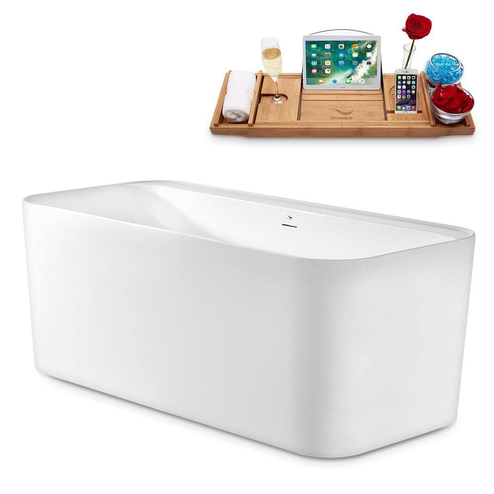 Streamline 59 in. Acrylic Flatbottom Bathtub Glossy White with Polished Chrome Drain (2)