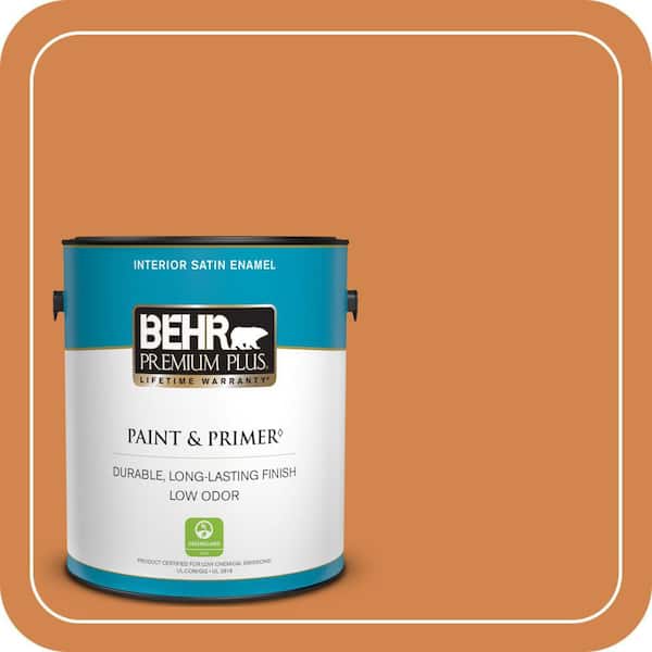 BEHR PREMIUM PLUS 1 gal. #PPU3-03 Flaming Torch Satin Enamel Low Odor Interior Paint & Primer (2)