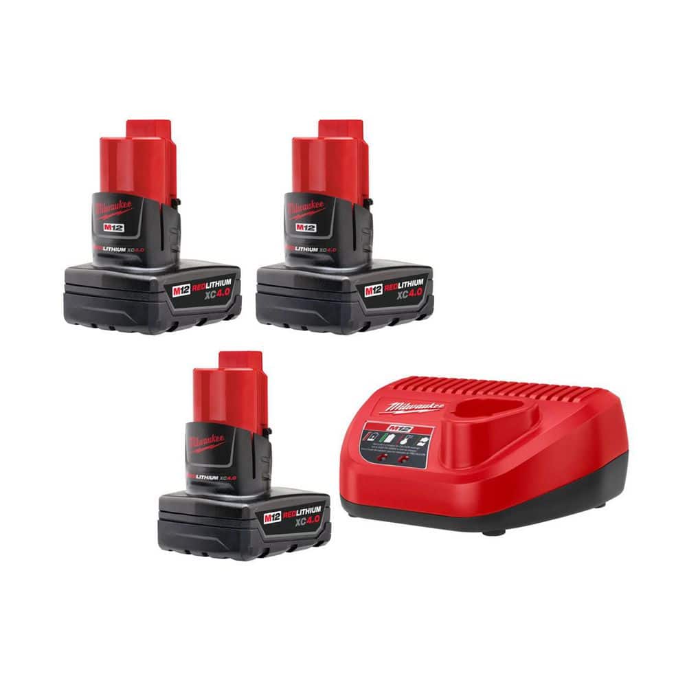 Milwaukee M12 12-Volt Lithium-Ion XC Extended Capacity 4.0 Ah Battery Pack (3-Pack), and Charger (1)