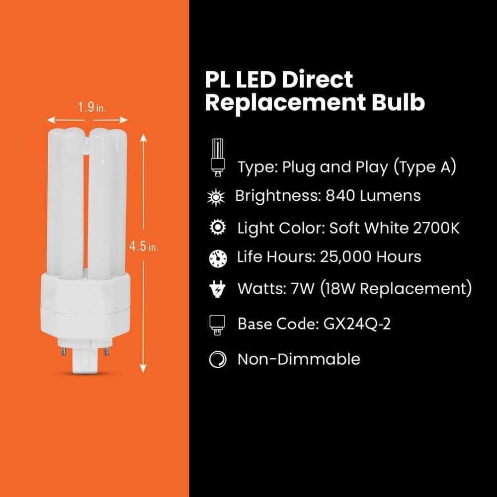 Feit Electric 18-Watt Equivalent PL TriTube CFLNI 4-Pin Plug-In GX24Q-2 Base CFL Replacement LED Light Bulb, Soft White 2700K (1-Pack) (4)