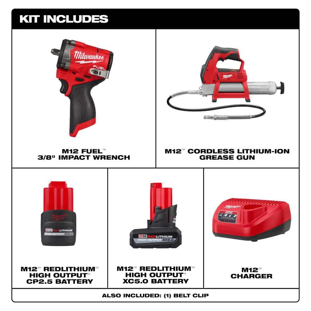 Milwaukee M12 FUEL 12V Li-Ion Brushless Cordless Stubby 3/8 in. Impact Wrench Kit with Grease Gun (2)