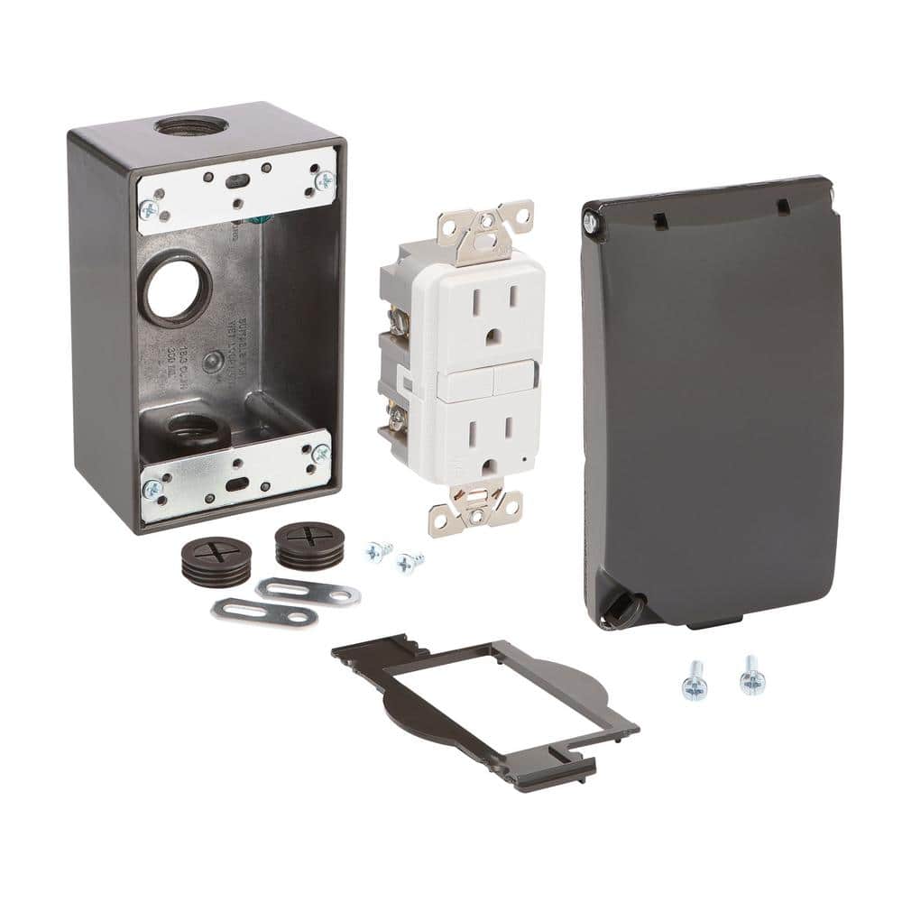 Commercial Electric 1-Gang Metal Weatherproof Electrical Box, Outlet Cover and GFCI Kit (24-in-1 Configurations), Bronze (1)