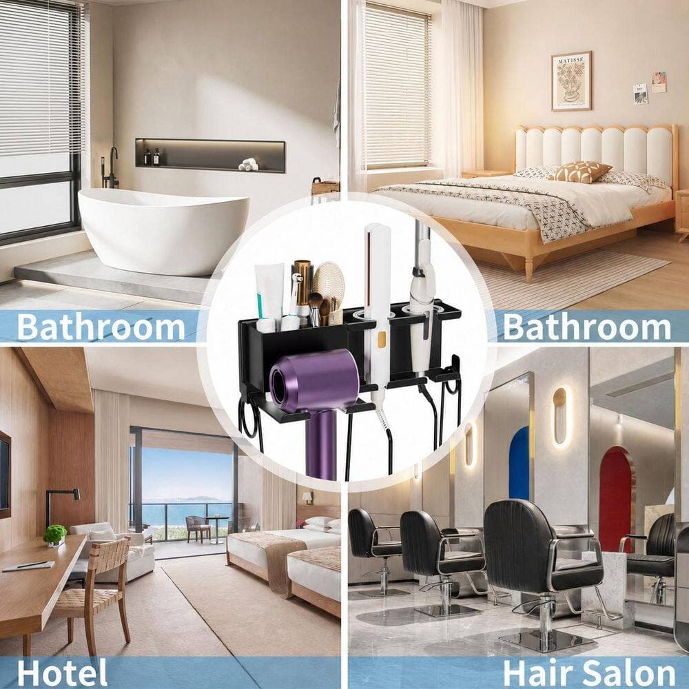 Anqtovp 12.5 in Wall Mounted Easy Installation Hair Tool Organizer in Black for Bathroom Blow Dryer Curling Iron Storage (3)