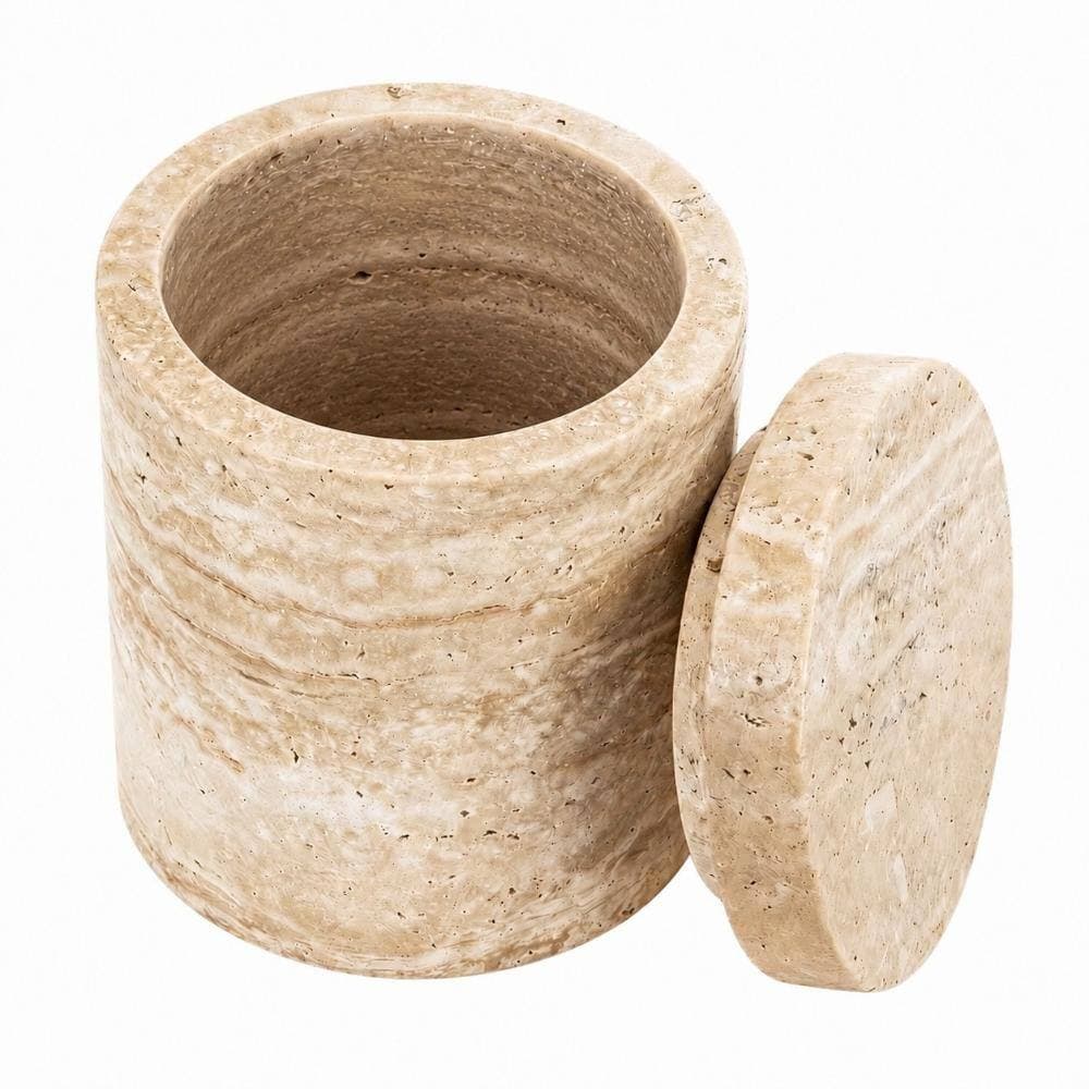 Unbranded Countertop Natural Italian Marble Canister with Lid for Bathroom Vanity Cotton Swab Organizer in Beige (1)