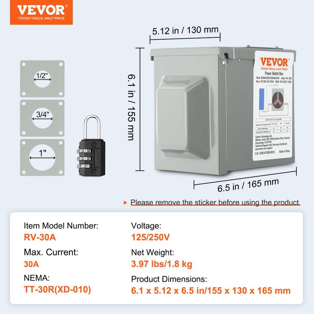 VEVOR RV Power Outlet Box Indoor/Outdoor 30 Amp 125-Volt/250-Volt Receptacle Panel NEMA TT-30R Single Outlet for RV Camper Car (2)
