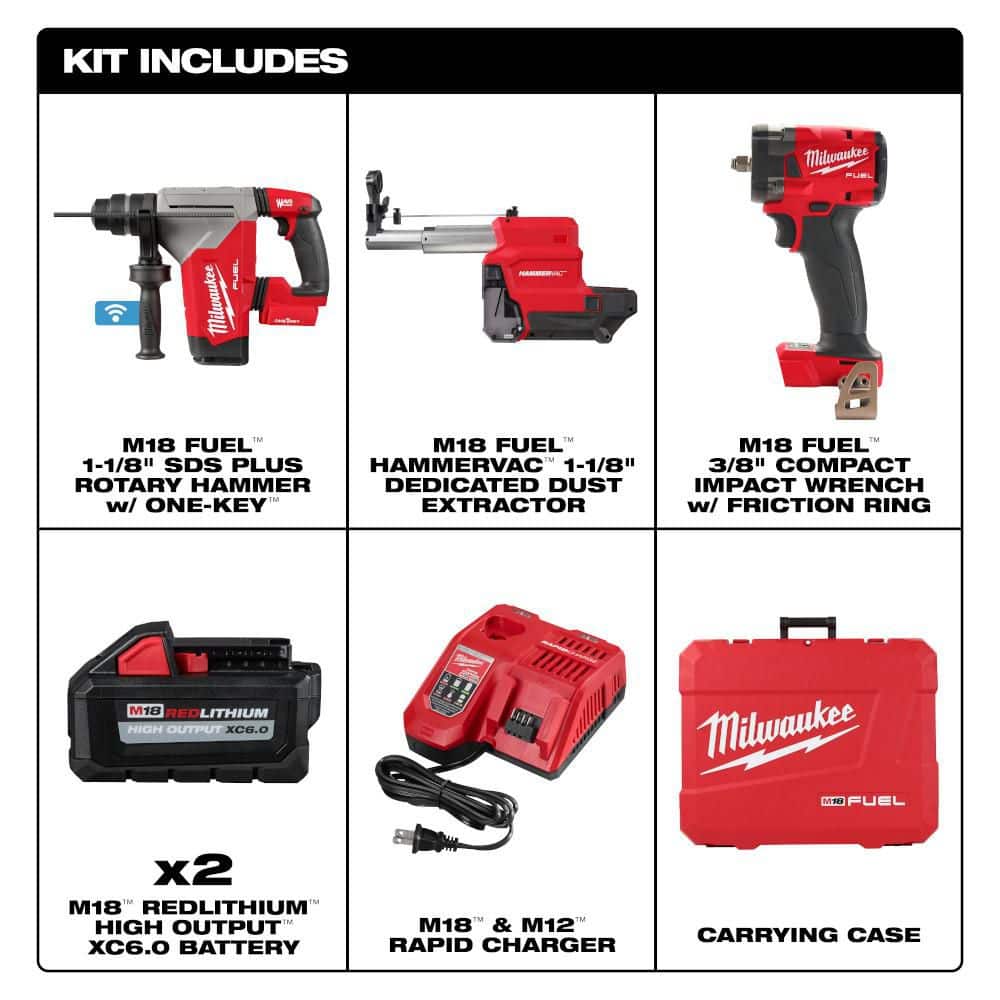 Milwaukee M18 FUEL 18V Lith-Ion Brushless 1-1/8 in. Cordless SDS-Plus Rotary Hammer, Two Batteries & 3/8 in. Impact Wrench (2)