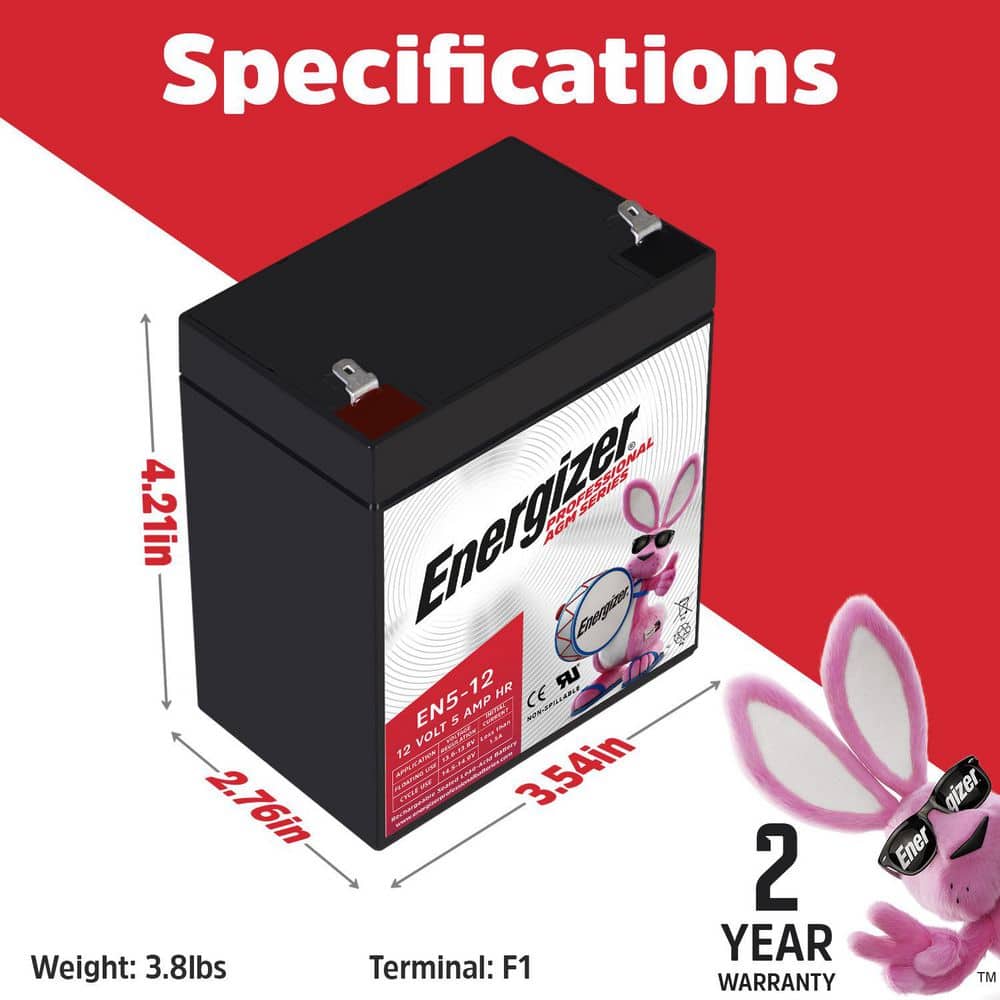 Energizer EN5-12, 12-Volt 5 Amp Hr, Long Lasting Sealed Lead Acid AGM Rechargeable Battery (2)
