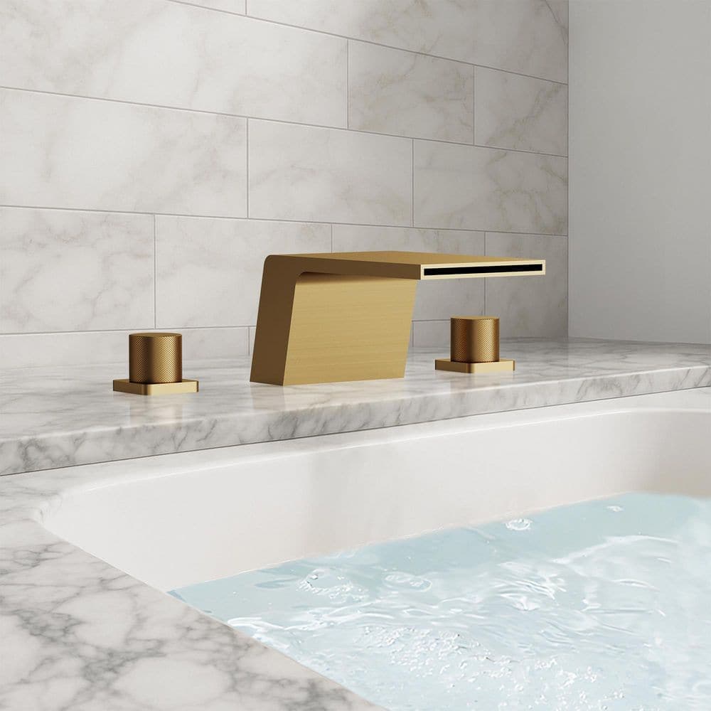 EVERSTEIN Modern Wide Spout 2-Handle Tub Deck Mount Roman Tub Faucet with Anti-Slip Handles in Brushed Gold Valve Included (3)